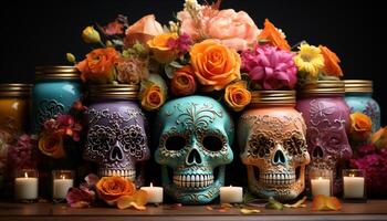 ai gegenereerd spookachtig halloween tafel decoratie kaars, schedel, pompoen, bloemen, kleuren gegenereerd door ai foto