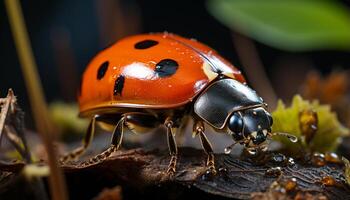 ai gegenereerd klein lieveheersbeestje kruipen Aan groen blad in natuur schoonheid gegenereerd door ai foto