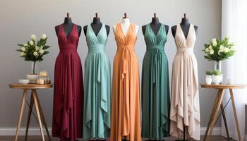 ai gegenereerd modieus Dames in elegant jurken vitrine een modern textiel verzameling gegenereerd door ai foto
