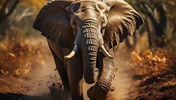 ai gegenereerd olifant, natuur kracht, wandelen in rustig savanne Bij zonsondergang gegenereerd door ai foto