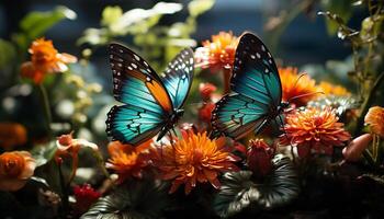 ai gegenereerd een levendig vlinder bestuift een multi gekleurde bloem in natuur gegenereerd door ai foto