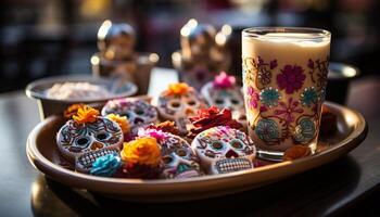 ai gegenereerd multi gekleurde Mexicaans pottenbakkerij kom Aan houten tafel, een cultureel viering gegenereerd door ai foto