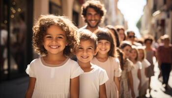 ai gegenereerd glimlachen kinderen buitenshuis, op zoek Bij camera, genieten van zomer samen gegenereerd door ai foto