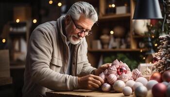 ai gegenereerd senior Mens maken eigengemaakt Kerstmis decoraties in zijn verlichte keuken gegenereerd door ai foto