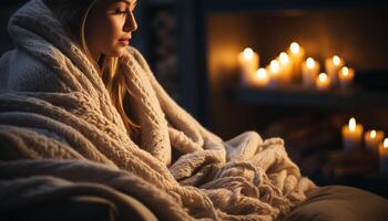 ai gegenereerd jong volwassen vrouw genieten van knus winter nacht door de brand gegenereerd door ai foto