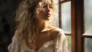 ai gegenereerd mooi vrouw met lang blond haar- op zoek uit venster sensueel gegenereerd door ai foto