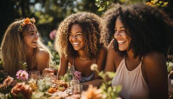 ai gegenereerd glimlachen Dames genieten vrolijk picknick, bonding in natuur zorgeloos viering gegenereerd door ai foto