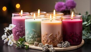 ai gegenereerd aromatherapie kaars brandend Aan houten tafel, natuur ontspanning behandeling gegenereerd door ai foto