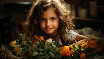 ai gegenereerd glimlachen kind, schattig meisjes, geluk, vrolijk portret, bloem kinderjaren gegenereerd door ai foto