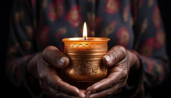 ai gegenereerd mannen Holding kaars, mediteren, vieren spiritualiteit, symboliseert liefde en vrede gegenereerd door ai foto