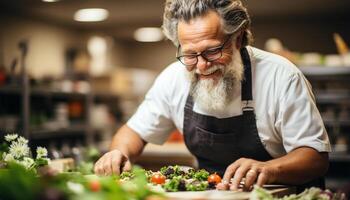 ai gegenereerd glimlachen Mens voorbereidingen treffen vers salade in huiselijk keuken gegenereerd door ai foto