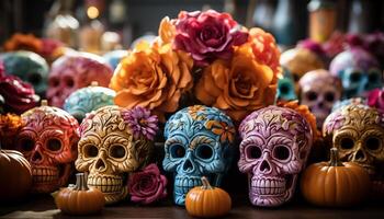 ai gegenereerd spookachtig halloween decoratie pompoen, schedel, geest, donker, verschrikking, herfst gegenereerd door ai foto