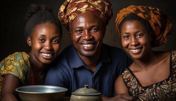 ai gegenereerd een gelukkig Afrikaanse familie lachend, binding, en op zoek Bij camera gegenereerd door ai foto
