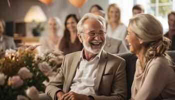 ai gegenereerd een gelukkig groep van senioren zittend samen, genieten van pensioen gegenereerd door ai foto