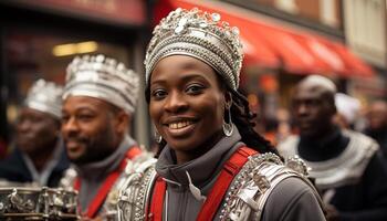 ai gegenereerd glimlachen Afrikaanse mannen en Dames in traditioneel kleding vieren samen gegenereerd door ai foto