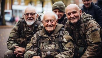 ai gegenereerd een groep van glimlachen veteranen in uniform, op zoek Bij camera gegenereerd door ai foto