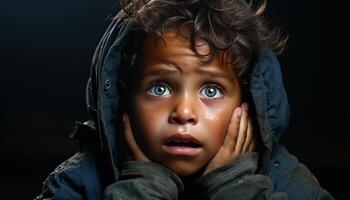 ai gegenereerd schattig jongen op zoek verdrietig, nat, in zwart achtergrond studio schot gegenereerd door ai foto