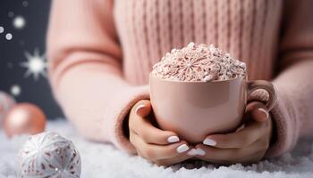 ai gegenereerd een knus winter tafereel Dames Holding heet chocola, dichtbij omhoog gegenereerd door ai foto