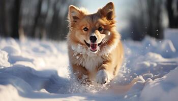 ai gegenereerd schattig puppy spelen in de sneeuw, rasecht hond genieten van winter gegenereerd door ai foto