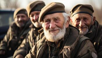 ai gegenereerd een groep van glimlachen senior mannen op zoek Bij camera buitenshuis gegenereerd door ai foto