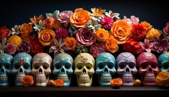 ai gegenereerd spookachtig halloween decoratie schedel, bloem, en menselijk skelet gegenereerd door ai foto