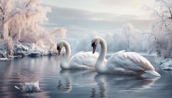 ai gegenereerd majestueus zwaan glijdt Aan rustig vijver, reflecterend winter schoonheid gegenereerd door ai foto