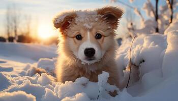 ai gegenereerd schattig puppy spelen in de sneeuw, natuur pluizig vriend gegenereerd door ai foto