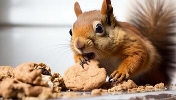 ai gegenereerd schattig klein zoogdier aan het eten chocola koekje, op zoek Bij camera gegenereerd door ai foto