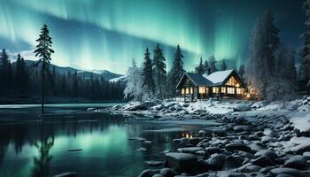 ai gegenereerd winter nacht sneeuw gedekt Woud, rustig tafereel, verlichte door melkachtig manier gegenereerd door ai foto