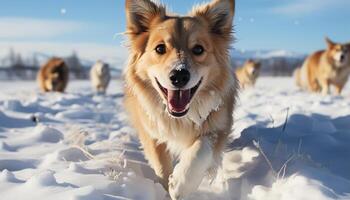 ai gegenereerd speels puppy rennen in de sneeuw, op zoek Bij camera, geluk gegenereerd door ai foto