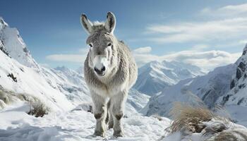 ai gegenereerd een schattig geit op zoek Bij camera in besneeuwd berg landschap gegenereerd door ai foto