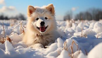 ai gegenereerd een schattig samojeed puppy spelen in de besneeuwd Woud gegenereerd door ai foto