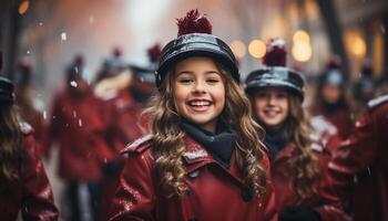 ai gegenereerd glimlachen meisjes vieren winter buitenshuis, omarmen vreugde en vriendschap gegenereerd door ai foto