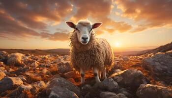 ai gegenereerd schattig lam begrazing Aan gras, omringd door mooi natuur gegenereerd door ai foto