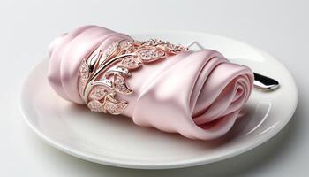 ai gegenereerd fijnproever maaltijd roze nagerecht, gerold varkensvlees, elegant decoratie Aan bord gegenereerd door ai foto