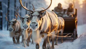 ai gegenereerd winter landschap met sneeuw gedekt bergen en begrazing hert kudde gegenereerd door ai foto