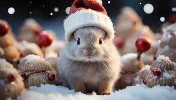 ai gegenereerd schattig pluizig konijn viert winter met sneeuwvlok decoratie gegenereerd door ai foto