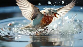 ai gegenereerd zeemeeuw vliegen, spatten, vangen vis, drinken water, vrijheid in natuur gegenereerd door ai foto