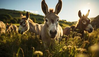 ai gegenereerd schattig dieren begrazing Aan groen weide onder zomer zonsondergang gegenereerd door ai foto