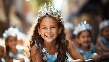 ai gegenereerd glimlachen meisjes, vrolijk prinsessen, schattig jongens, blij viering, speels kinderen gegenereerd door ai foto