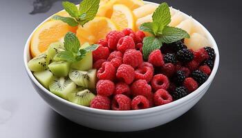 ai gegenereerd vers fruit salade Aan houten tafel, een gezond zomer tussendoortje gegenereerd door ai foto