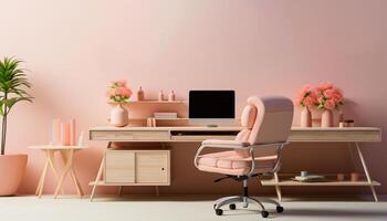 ai gegenereerd modern kantoor interieur met roze fauteuil, houten bureau, en bloem vaas gegenereerd door ai foto