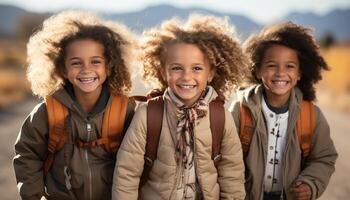 ai gegenereerd glimlachen kinderen genieten van natuur, een vrolijk portret van vriendschap gegenereerd door ai foto