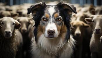 ai gegenereerd schattig puppy zittend buitenshuis, op zoek Bij camera, omringd door vee gegenereerd door ai foto