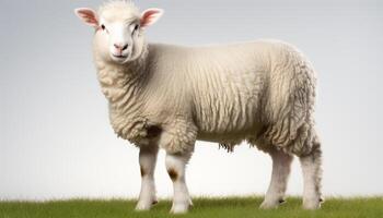 ai gegenereerd schattig lam begrazing Aan een boerderij, omringd door natuur gegenereerd door ai foto