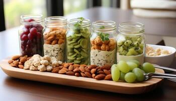 ai gegenereerd gezond aan het eten vers fruit, noten, en groenten Aan houten tafel gegenereerd door ai foto
