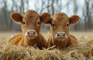 ai gegenereerd twee schattig kalveren liggen Aan de hooi in de paddock. twee koeien krijgen ziek na aan het eten hooi, foto