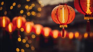 ai gegenereerd traditioneel rood Chinese lantaarns hangende tegen een donker backdrop met gloeiend bokeh. ai gegenereerd foto