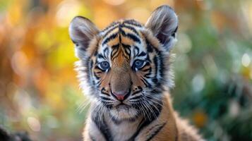 ai gegenereerd baby tijger blikken naar beneden met onschuld, een boeiend mengsel van wild charme, ai gegenereerd. foto