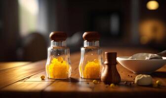 ai gegenereerd twee glas potten met specerijen Aan houten tafel foto